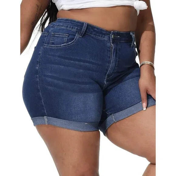 Plus Size Jean Shorts High Waisted Distressed Fold Hem Casual Denim